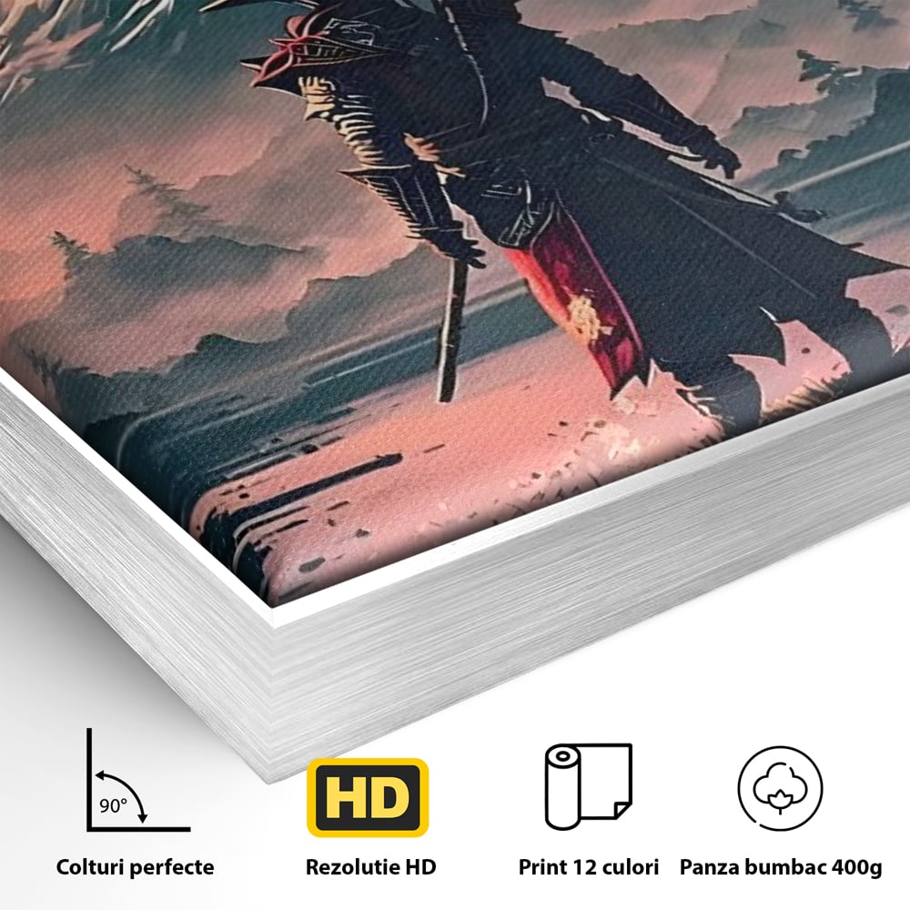 Detaliu al suprafetei: samurai cu sabie pe malul lacului, in rama de aluminiu argintiu